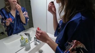 A beautiful French girl with big tits is having fun in the bathroom