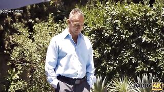 The minx has fun with boyfriend’s dad in the pool under sunny sky