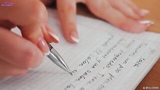 A hot girl squirts while teaching Spanish, showcasing her skills