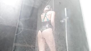 A sweet pussy wet with water and cum, ending in a squirt orgasm