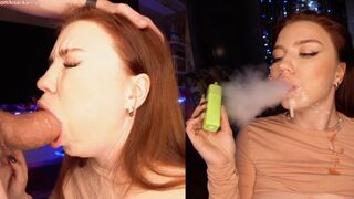 A girl with cigarettes smoke and sucks dick, covering her face with sperm
