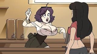 The girl is serving coffee to a guy while secretly controlling his mind