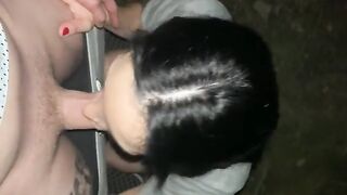 Babe fucks outdoors and gives her head, swallowing all the cum in mouth