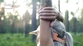 A hot blonde gets lost while jogging and had to fuck in the woods