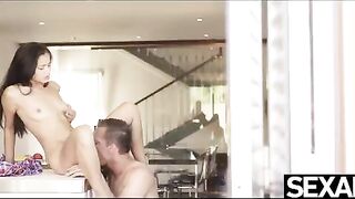 The girl was fucked on the kitchen counter, right on the table