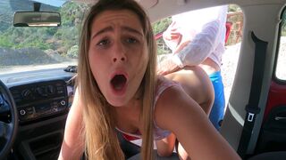 A blonde girl gets fucked hard in the car on public parking!