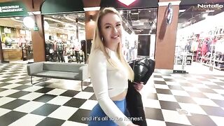 A girl is fucking for money in the shopping mall toilet