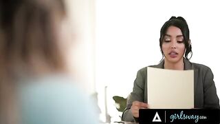 Busty lawyer Vanessa Sky spanks her client Kayley Gunner's ass in a steamy scene