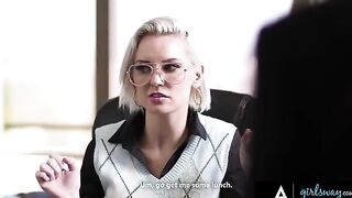 Two gossiping employees get punished by their dominant boss Kenzie Taylor in a steamy Girlsway scene