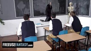 Hot teacher Valentina Nappi fucked by three students in a steamy classroom scene