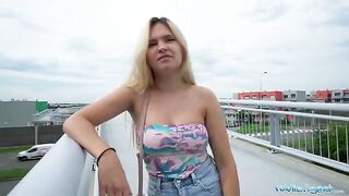 Public Agent Irina Cage shows her boobs on the bridge for cash
