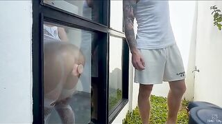 Peep show with cock for a new neighbor to watch