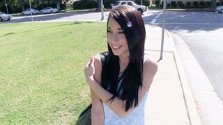 Petite teen Mia Hurley shows her tits to earn some cash in public