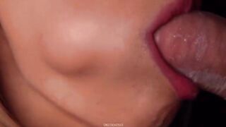 Horny blonde girl breaks the condom while sucking and swallows all the cum