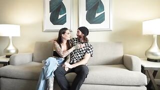 A sexy brunette gives a double blowjob to her boyfriend and his friend in an intense scene