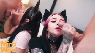 Two kitties fucked by a guy and they cum in his ass, featuring Anna Batman