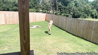 A blonde is getting fucked on the backyard porch