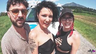 A couple has sex on the camper while another couple watches and imitates