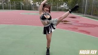 Cheerleader gets fucked outdoors and swallows all the cum