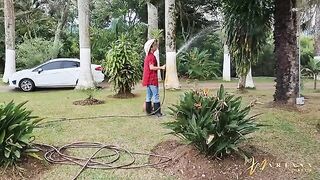 Two girlfriends fucked by a hot gardener in a steamy threesome