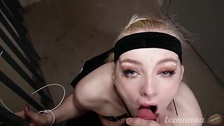 A cute girl with blue eyes was fucked at the door