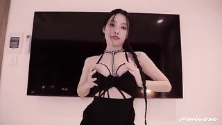 Asian in black dress squirts and gets filled with cum