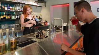 The hot bartender gave the customer a creampie through her panties
