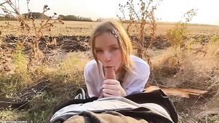 Beautiful Russian blonde receives a huge cock and cumshot on her face in the forest