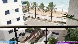 A couple fucked on the balcony and received a cumshot on their faces
