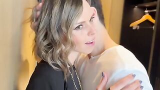 A wife is having fun with two guys at a party and gets cum on her face