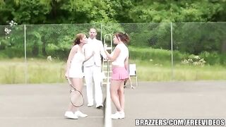 A girl has sex with her friend on the tennis court with her uncle