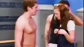 A cute school girl gets fucked by two guys in the locker room