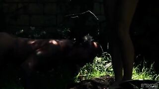 Blonde beauty sucks a cock of the guy in the garden