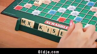 A young blond girl seduced and had sex with a shy old peasant in the kitchen