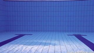 Helen has a swim in the pool without any clothes on