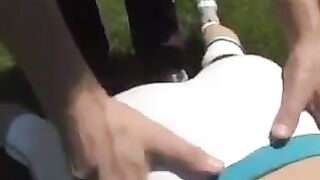 A man came on the cum on beautiful breasts of busty brunette