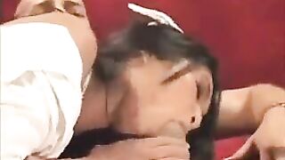 Hot Asian nurse fucks on the couch in stockings