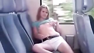 On the bus, ironing her pussy through panties began