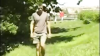 A man masturbates his big cock in the hayloft
