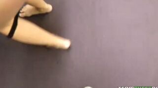 The cute blonde girl knows how to make a blowjob
