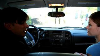 The pretty girl gave the guy a blowjob while he was driving