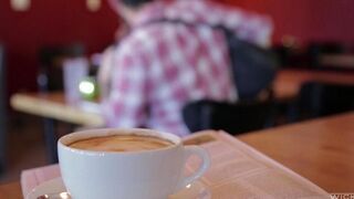 The guy met an Asian beauty in the cafe and took her to bed