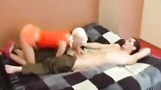 A sister could not resist her brother and she began to rub with him