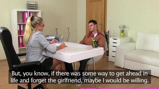 A blonde woman is fucking with a photographer on the casting couch
