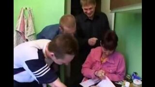 A Russian woman with her mother is fucking with four guys