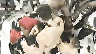 Bunch of guys fucked pretty chick in front of a crowd