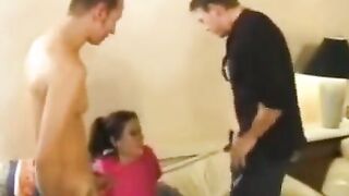 The hot nanny has anal sex with her employer and his friend