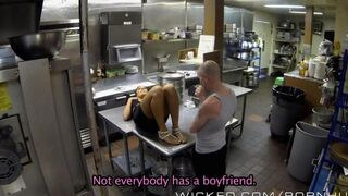 A chick relaxed after her work in the kitchen with a hot neighbor
