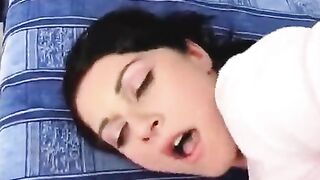 Hot brunette teen gets her face covered with cum after hard anal sex