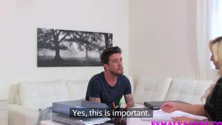 The couple enjoy each other with passion right on the couch wearing stockings